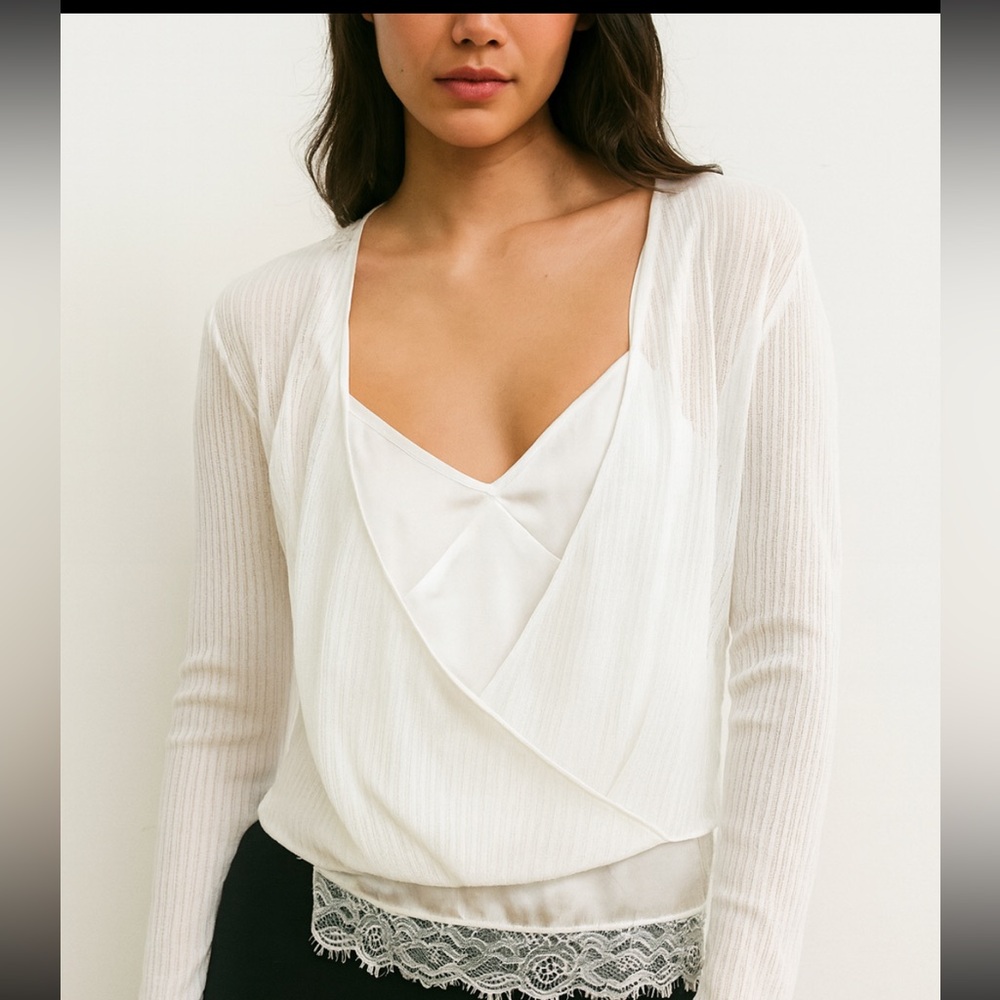 NWT Zara W/B Sheer Draped Top with Satin Lace Cami Set-S